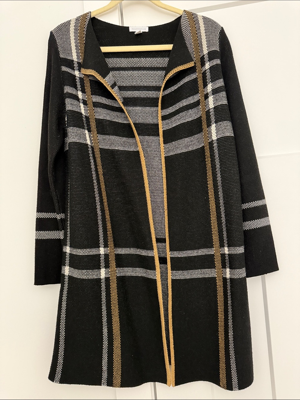 Charter Club Black/white/luggage Plaid Open-Front Cardigan. ptp 19” length 35”